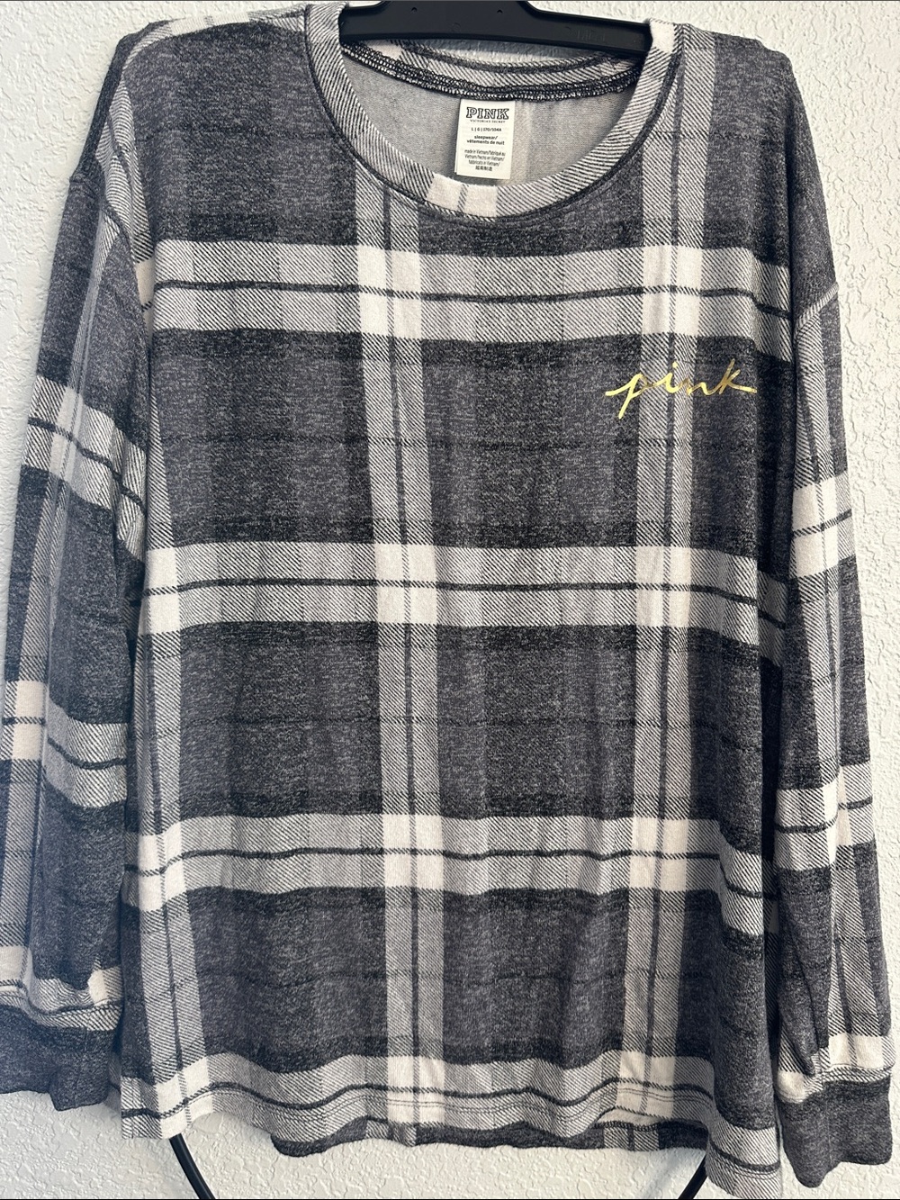 PINK Victoria's Secret Black & White Plaid Crewneck Sweater with Yellow Script